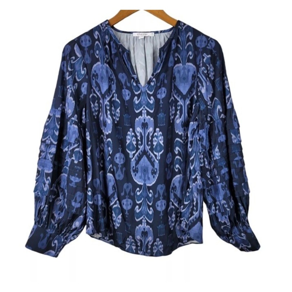 Chico's Pleated Sleeve Sea Island Indigo Ikat Popover Top Blue Size 3 XL 16